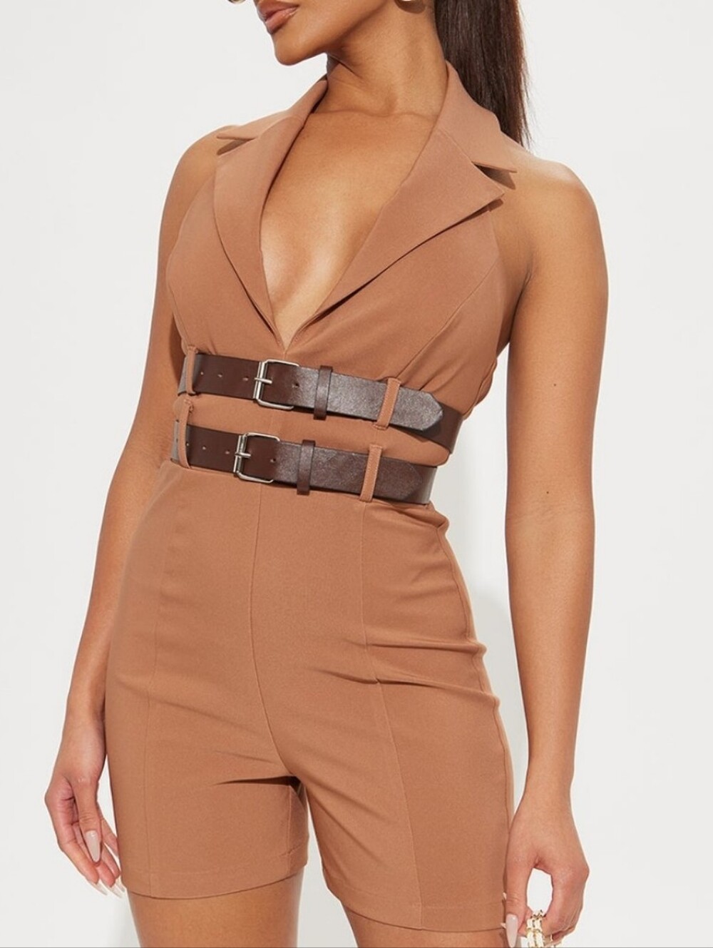 At the Office Belted Romper - Mocha